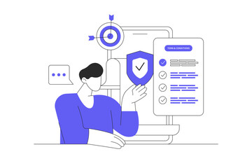 Privacy policy. Agree checking form terms and conditions. Legal signing documents, protecting personal data, checking documents. Account security, user agreement. Flat Cartoon Vector Illustration, web