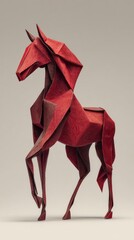 A detailed red origami horse crafted from folded paper, standing proudly against a neutral background. The sculpture features sharp geometric folds, layered paper textures