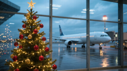 Fototapeta premium Festive Christmas tree on international airport with airplane background