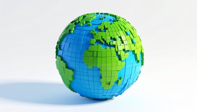 A 3D illustration of the blue earth globe showing continents like America and Asia as a sphere on a white background for a global concept