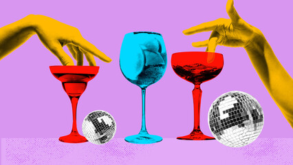 Modern collage with hands, cocktail glasses and disco spheres. Concept of nightlife diversity, festive drink culture and vivid celebratory mood for party ads and creative layouts.