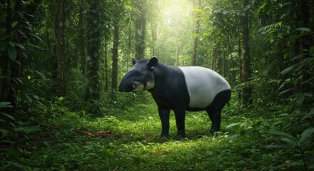 Fototapeta premium Black and white tapir stands in a lush sundappled rainforest