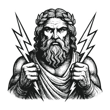 Powerful Zeus vector illustration in dramatic black-and-white engraving style, holding lightning bolts, ideal for mythology prints, posters, tattoos, and bold graphic designs.
