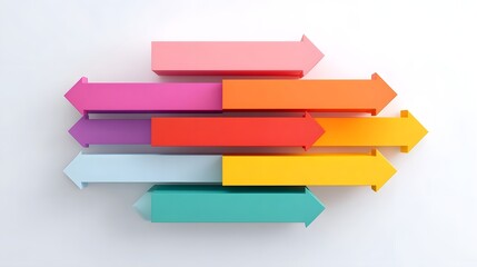 Group of vibrant multi colored arrows arranged in parallel rows moving forward to represent concepts of direction progress strategy and growth in a clean abstract design