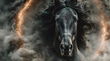 A powerful black horse charging forward through swirling smoke and glowing embers. Its mane flows wildly in the wind as fiery particles illuminate the scene, a dramatic and intense atmosphere.
