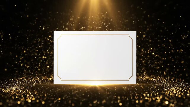 Elegant premium voucher template with golden particles and spotlight on black background luxury gift certificate design