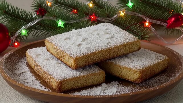 Festive holiday shortbread cookies glistening with powdered sugar and festive lights, a seasonal treat perfect for celebrations