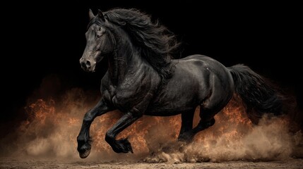 A powerful black horse running through fire and dust. Majestic Friesian stallion in motion on a dark background. Concept of freedom and wild energy