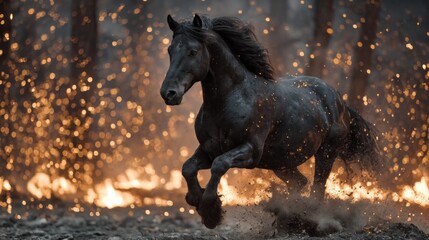 A powerful black horse gallops through a fiery landscape, surrounded by glowing sparks and drifting embers. The dramatic lighting highlights the animal's strength