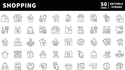 Shopping vector icons in line style. Shopping related icons. Shopping icons collection