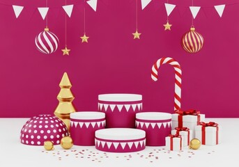 Festive holiday display with qatar flag themed cylinders and gifts isolated on white background