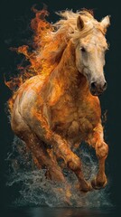 Fiery golden horse bursting through splashing water with flames along its body and mane, in a vibrant fantasy illustration combining fire and water elements to symbolize contrast, power