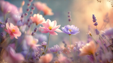 A dreamy field of pink and purple cosmos flowers and lavender in soft focus light, 8k image