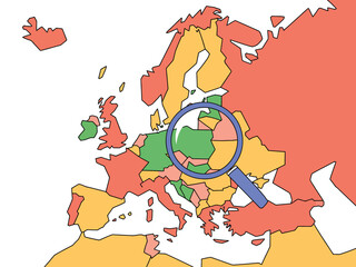 Fototapeta premium A magnifying glass is focused on Central Europe on a colorful map, highlighting specific regions with different colors.