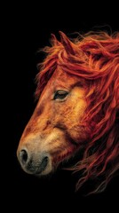 Majestic sorrel horse with a fiery red mane. Vertical close-up portrait of an equine head against a black background
