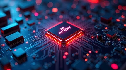 AI agent of a futuristic motherboard illuminated with neon lights with circuit board, electronic components, data pathways glowing with vibrant energy, and reflections