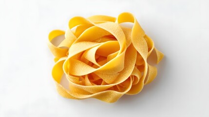 Naklejka premium Close up of a rustic uncooked nest of fresh golden yellow ribbon pasta such as fettuccine or tagliatelle with a textured surface on a plain white backdrop