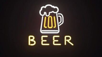 Neon icon of a beer mug with foam on top, warm yellow neon inside and white rim, text ‘BEER’ centered under the mug, light flicker and glow pulse, solid black background, simple bar sign