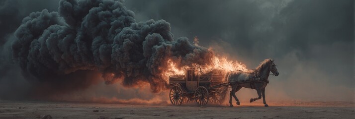 Silhouetted horse-drawn carriage races across reflective ground as a colossal, glowing storm cloud ignites in fiery brilliance behind it.
