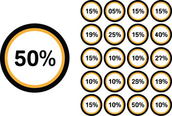 Set of modern circular progress charts showing various percentages, with a large 50% indicator highlighted. Vector illustration for infographics and reports