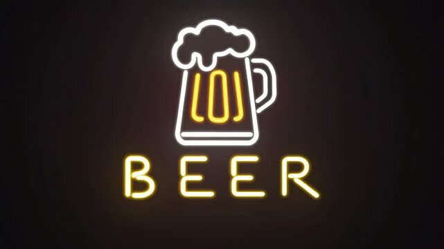 Neon icon of a beer mug with foam on top, warm yellow neon inside and white rim, text &lsquo;BEER&rsquo; centered under the mug, light flicker and glow pulse, solid black background, simple bar sign