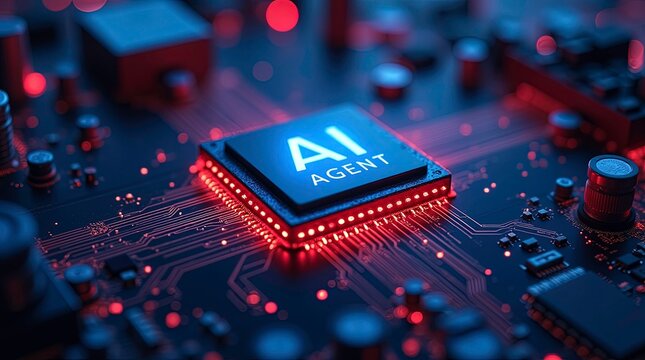 AI agent of a futuristic motherboard illuminated with neon lights with circuit board, electronic components, data pathways glowing with vibrant energy, and reflections