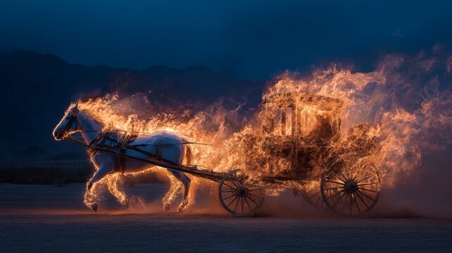 Fiery chariot engulfed in flames pulled by three burning horses with two blazing figures riding across a dark barren landscape, symbolizing destruction, urgency, and surreal apocalyptic vision
