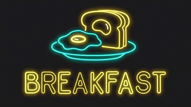 Neon breakfast icon with fried egg and toast on a plate, glowing yellow and cyan tubes, BREAKFAST text below in bold neon letters, gentle flicker on a clean solid black background.