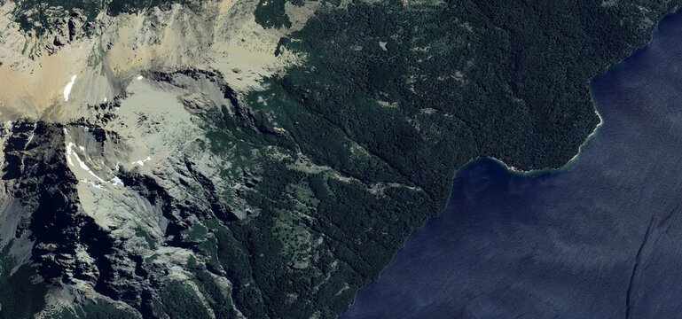 Aerial Satellite View of Bariloche Landscapes and Urban Coastline