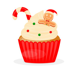 Christmas Cupcake with Gingerbread Man and Candy Cane – Festive Holiday Dessert Illustration