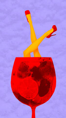 Surreal poster with legs emerging from oversized cocktail glass. Concept of playful party fantasy, bold nightlife style for creative ads, club visuals and pop-art branding.
