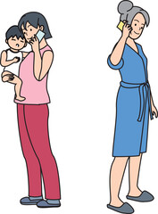 育児中の母が親と電話するイラスト