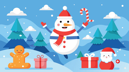 Santa Claus joyfully flies through the sky alongside a cheerful snowman, surrounded by fluffy clouds and a winter landscape..eps