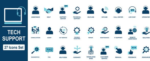 Technical Support and Customer Service Icon Set: Help Desk, Maintenance, Call Center, Online Chat, Communication, Troubleshooting. 27 Vector Icons for Business.
