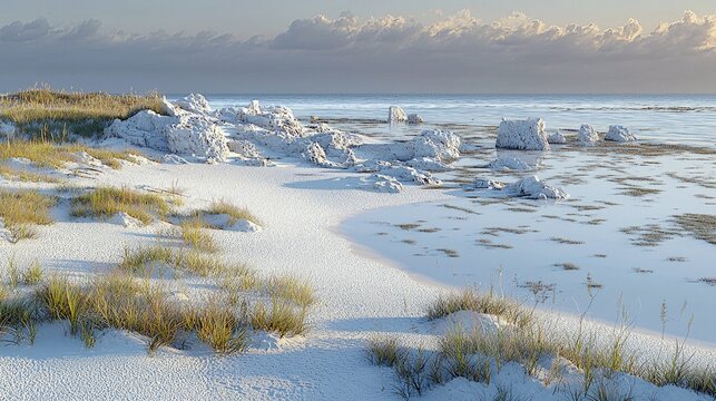 A serene coastal landscape featuring white sand dunes, scattered limestone rock formations, and calm ocean waters under a soft, cloudy sky at sunrise.
