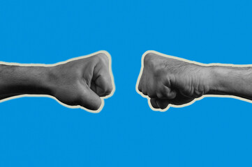 Man giving fist bump. Human hand in pop art style. Retro halftone fist collage.