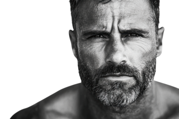 A Close-Up Portrait of a Strong, Intense Man Displaying Deep Emotions and Raw Masculinity in a Black and White Artistic Style isolated on transparent background