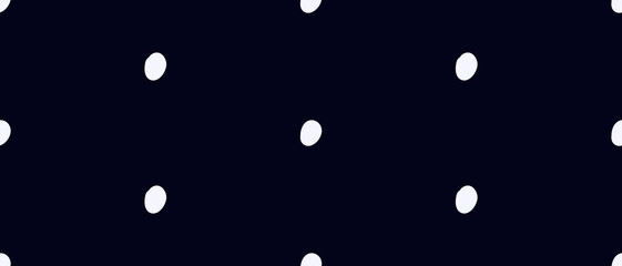 Black background with large white dots in seamless layout. Minimal polka pattern with simple geometric hand drawn texture. Vector illustration on an isolated background.