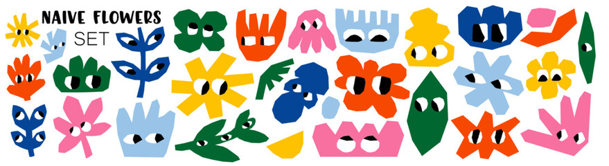 Abstract naive flowers in a colorful freehand collage style. Hand-drawn vector shapes combine with vintage tones for a bold floral pattern. Perfect for modern illustration projects