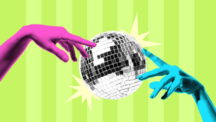 Vibrant collage with pink and blue hands reaching for disco ball. Concept of festive New Year celebration mood, playful Christmas energy and joyful holiday nightlife atmosphere.