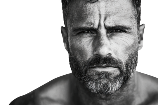 A Close-Up Portrait of a Strong, Intense Man Displaying Deep Emotions and Raw Masculinity in a Black and White Artistic Style isolated on transparent background