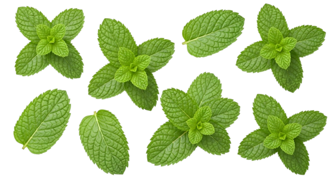 Fresh green mint leaves arranged in a scattered pattern isolated on a transparent background