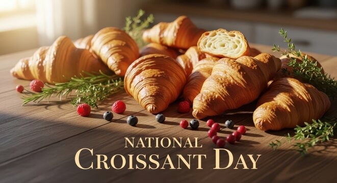 Delicious golden brown croissants artfully arranged with berries and herbs on a wooden table for national croissant day