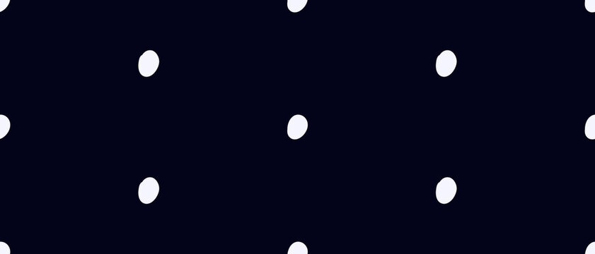 Black background with large white dots in seamless layout. Minimal polka pattern with simple geometric hand drawn texture. Vector illustration on an isolated background.