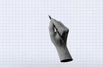 Human hands in dotted pop art style holding pencil.