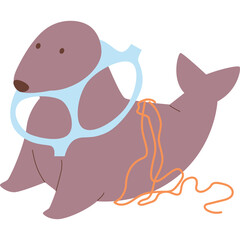 A brown seal with a light blue plastic ring around its neck and an orange string entangled on its body illustration on transparent background