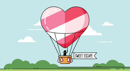 Charming heart shaped hot air balloon with a silhouette of a person in the basket and a banner that says sweet escape flying over green hills and clouds