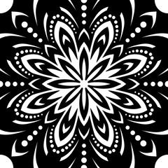 A bold black-and-white mandala featuring layered petal shapes, dotted accents, and symmetrical tribal-style patterns radiating from the center. © Thew