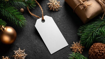 A white tag is on a black surface with a Christmas tree and other decorations. The tag is empty and has a tag on it