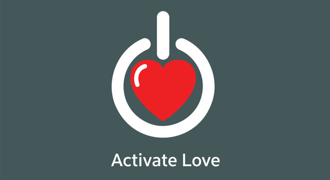 Red heart symbol inside a white power button icon representing activation of love and positive emotions